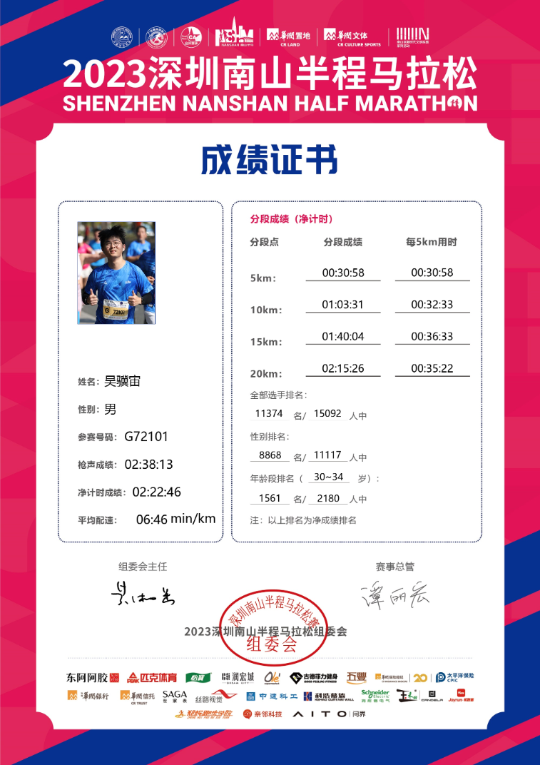 2023深圳南山半程马拉松成绩证书